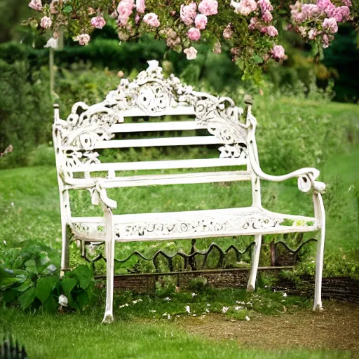 Prompt: ornate bench in a beautiful english rose garden