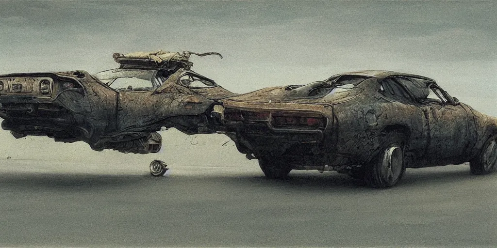 Prompt: car in full speed in a empty street, mad max kieth thomsen, zdzislaw beksinski