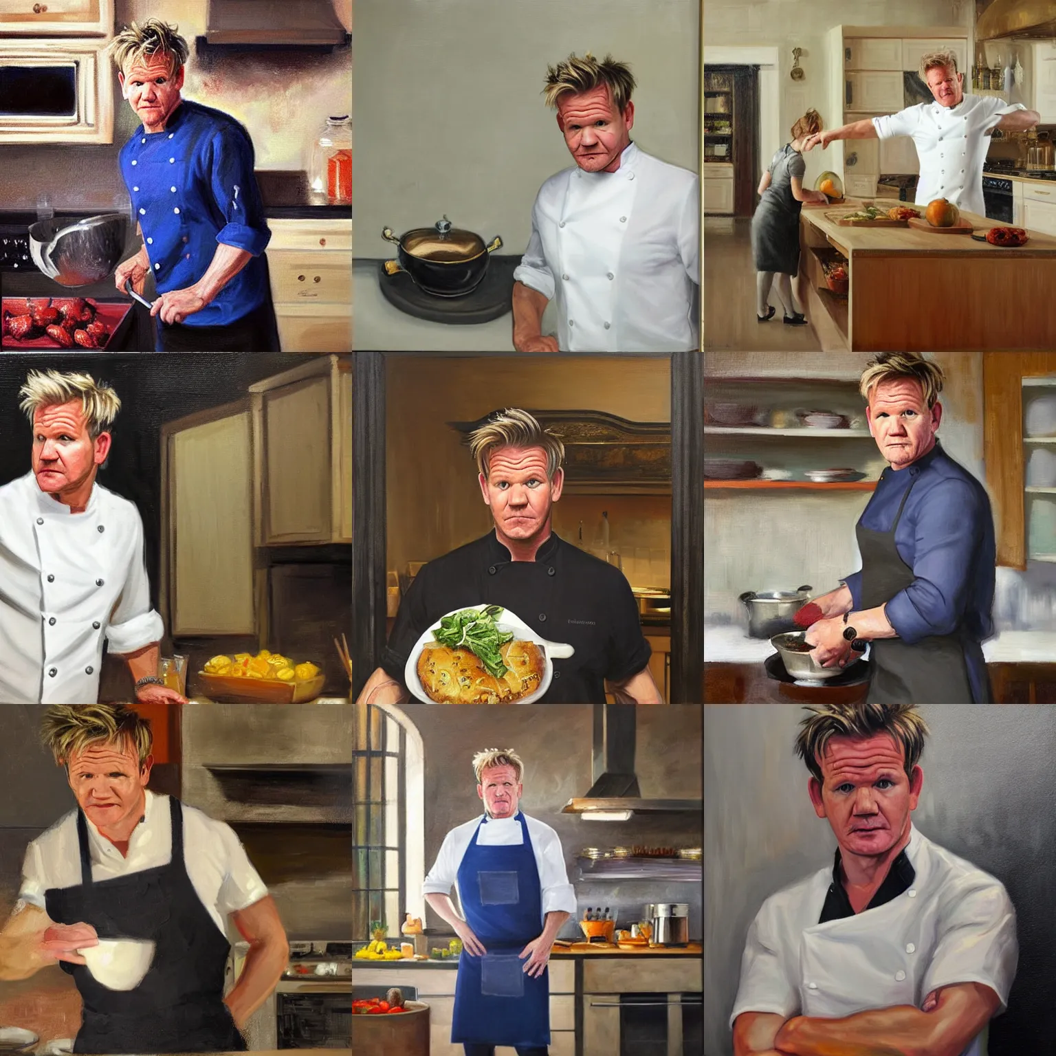 Prompt: A 'medium full shot'!!! of Gordon Ramsay in a kitchen!!!, oil on canvas, classicism style