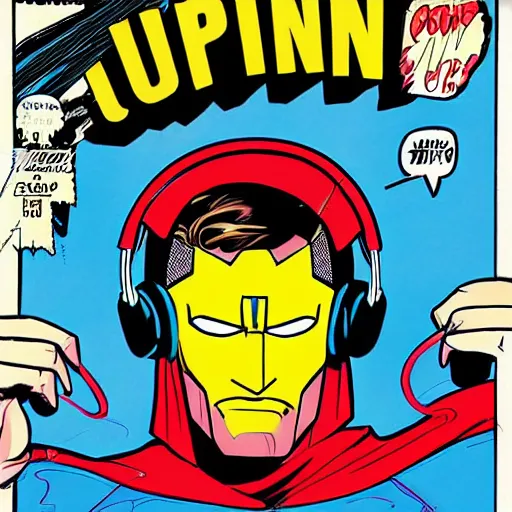 Prompt: A comic book cover of a superhero wearing headphones