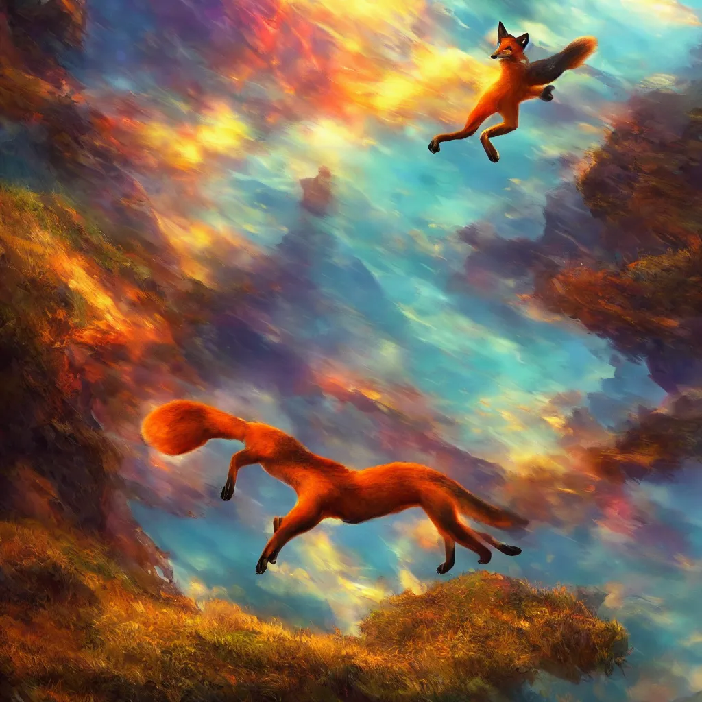 Prompt: fox flying through landscape, concept art, cinematic lighting, vivid and vibrant colors, iconic movie poster character production art concept, artstyle isaiah saxon