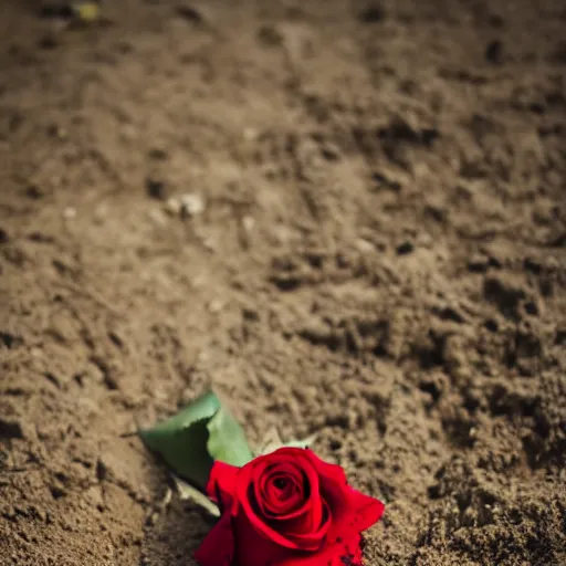 Prompt: a red rose, on a dirt grave, photography, faded