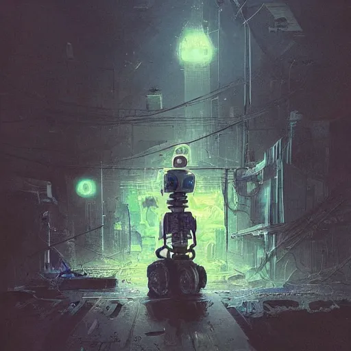 Image similar to A robot sitting alone in a junkyard + black layered paper + end of the world theme + elements + dark blue and green tones + neon + baroque + rococco + white + ink + marc simonetti, craig mullins, peter mohrbacher, michael whelan, detailed, intricate ink illustration, cinematic, mucha