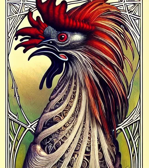 Image similar to hyperrealistic detailed face portrait of a beautiful rooster morphing into a gothic cathedral, authentic ornamental architecture, intricate and highly detailed, awe inspiring art by ernst haeckel, h. r. giger, alphonso mucha, android jones, james jean, gothic, neo - gothic, heavily ornamental, nice deep colours,