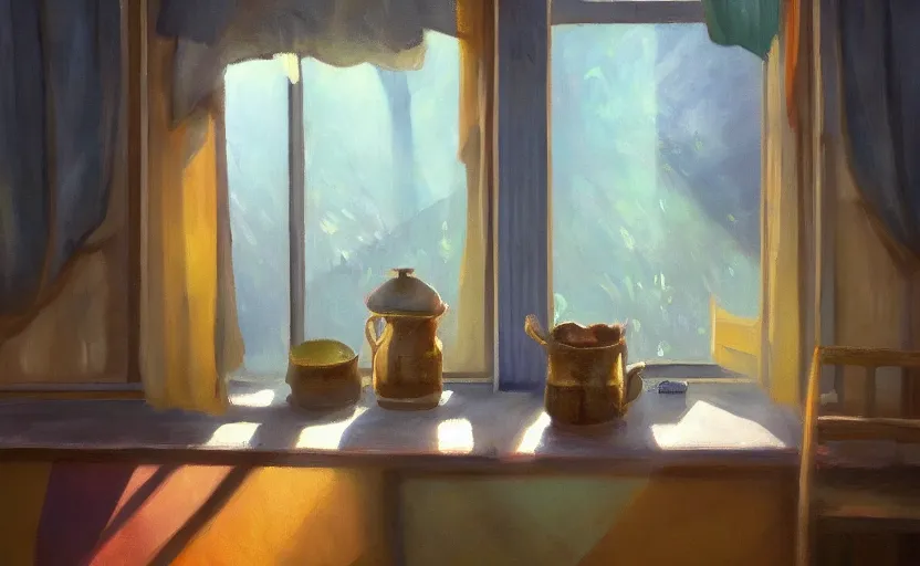 Image similar to rays of the morning sun shining through the window of the village house. very beautiful, clear sky, warm shiny colors, oil painting, high detail, trending on artstation