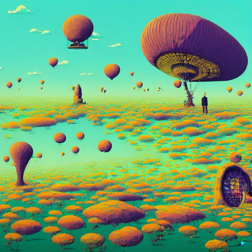 Image similar to surreal glimpse into other universe, zeppelin, island, summer morning, very coherent and colorful high contrast, art by! gediminas pranckevicius! geof darrow, pastel color, volumetric lighting, cinematic, floralpunk screen printing woodblock, dark shadows, hard lighting, stippling art, cel shaded