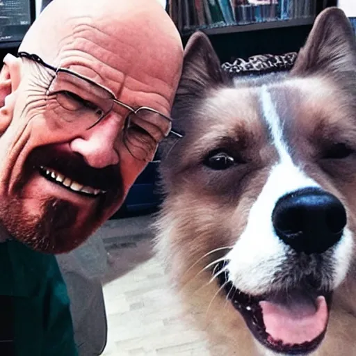 Prompt: Walter White with the dog filter, selfie, cute, snapchat, lighthearted, wholesome