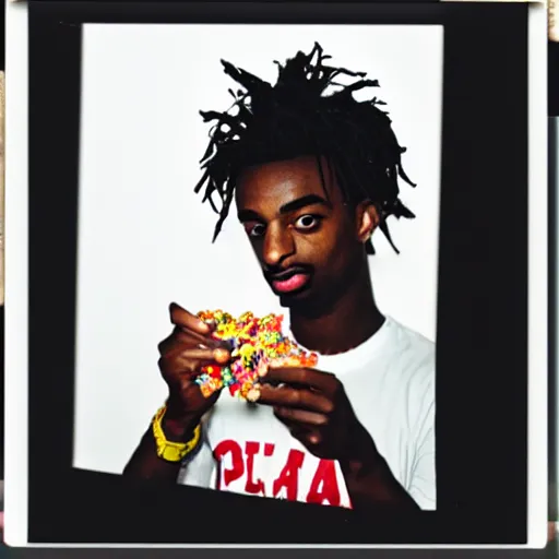 Image similar to a realistic photo of playboi carti eating fruity pebbles, film grain, vintage photo, high contrast