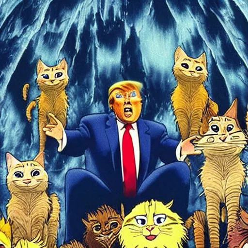 Image similar to donald trump ascending to the heaviside layer in the movie cats, by studio ghibli, hyper - detailed