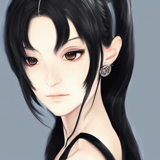 Prompt: luxury advertisement, astonishing portrait of a very beautiful anime high-school girl with black hair ponytail, white ribbon, full perfect face, realistic, highly detailed background, artstation, 120 degree view, drawn by Sasoura, Satchely and Akihiko Yoshida, no distortion