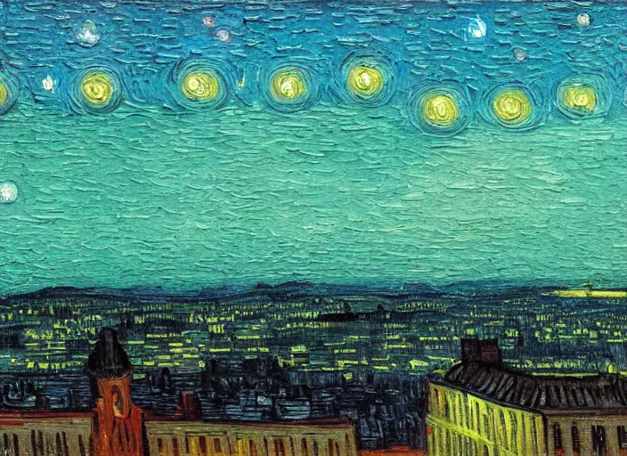 Image similar to painting of a ufo sighting above a city at dusk, in the style of vincent van gogh and edward hopper