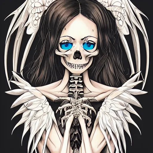 Prompt: anime manga skull portrait young woman with angel wings skeleton, intricate, elegant, highly detailed, digital art, ffffound, art by norman rockwell and sachin teng