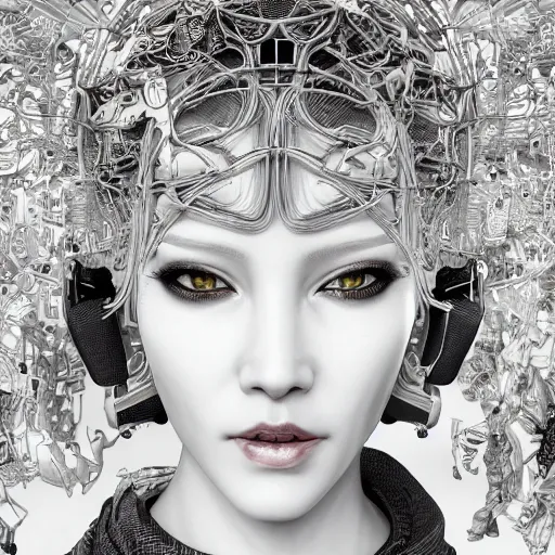 Image similar to the portrait of an absurdly beautiful, graceful, elegant, sophisticated, fashionable cyberpunk gravure idol, an ultrafine hyperdetailed illustration by kim jung gi, irakli nadar, hanna moon, intricate linework, bright colors, collage, porcelain skin, unreal engine 5 highly rendered, global illumination, radiant light, detailed and intricate environment