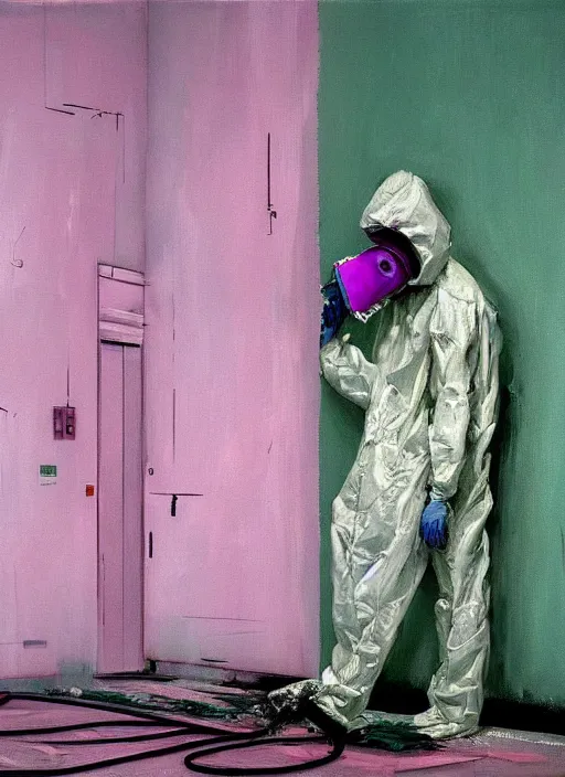 Prompt: a skinny, starving artist in a hazmat suit, painting the walls inside a deserted chernobyl, hauntingly surreal, highly detailed painting by francis bacon, edward hopper, adrian ghenie, gerhard richter, and james jean, soft light 4 k in pink, green and blue colour palette, science fiction, highly detailed