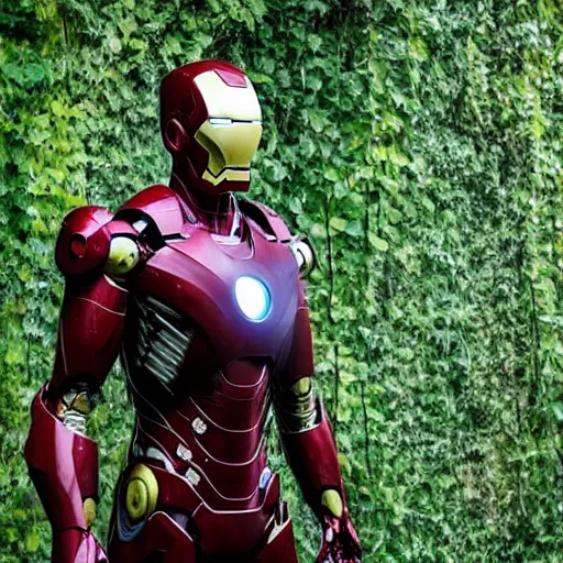 Image similar to abandoned iron man suit, overgrown and covered in vines, 4k realistic photo