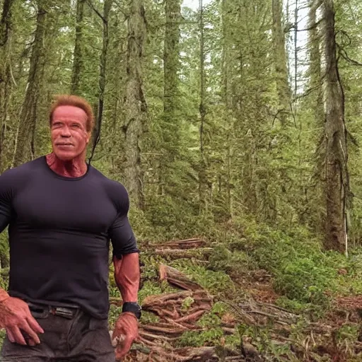 Image similar to Arnold Schwarzenegger at forest caught on trail cam, trail camera footage, wide angle lens, night vision