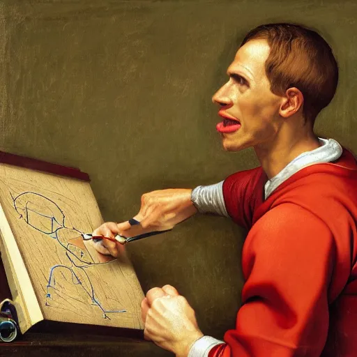 Image similar to a happy man studying soccer tactics, detailed, highly detailed, heroic, epic, complex, very detailed, realistic, HD quality, 8k resolution, body and headshot, Oil Painting, Italian Renaissance Painting of Jerma985, Italian Renaissance Painting Style, Renaissance Painting Style, Painting, Trending on Artstation