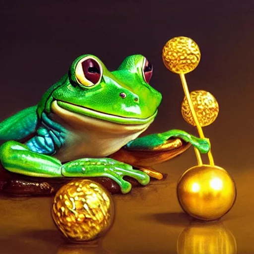 Image similar to long shot of a cute frog playing with golden metal balls, by esao andrews, by m. w. kaluta, volumetric light, rich colors, very humorous oil painting, realistic reflections, smooth, concept art, depth perception, high depth of field, 4 k, unreal engine 5, ultradetailed, hyperrealistic, artstation