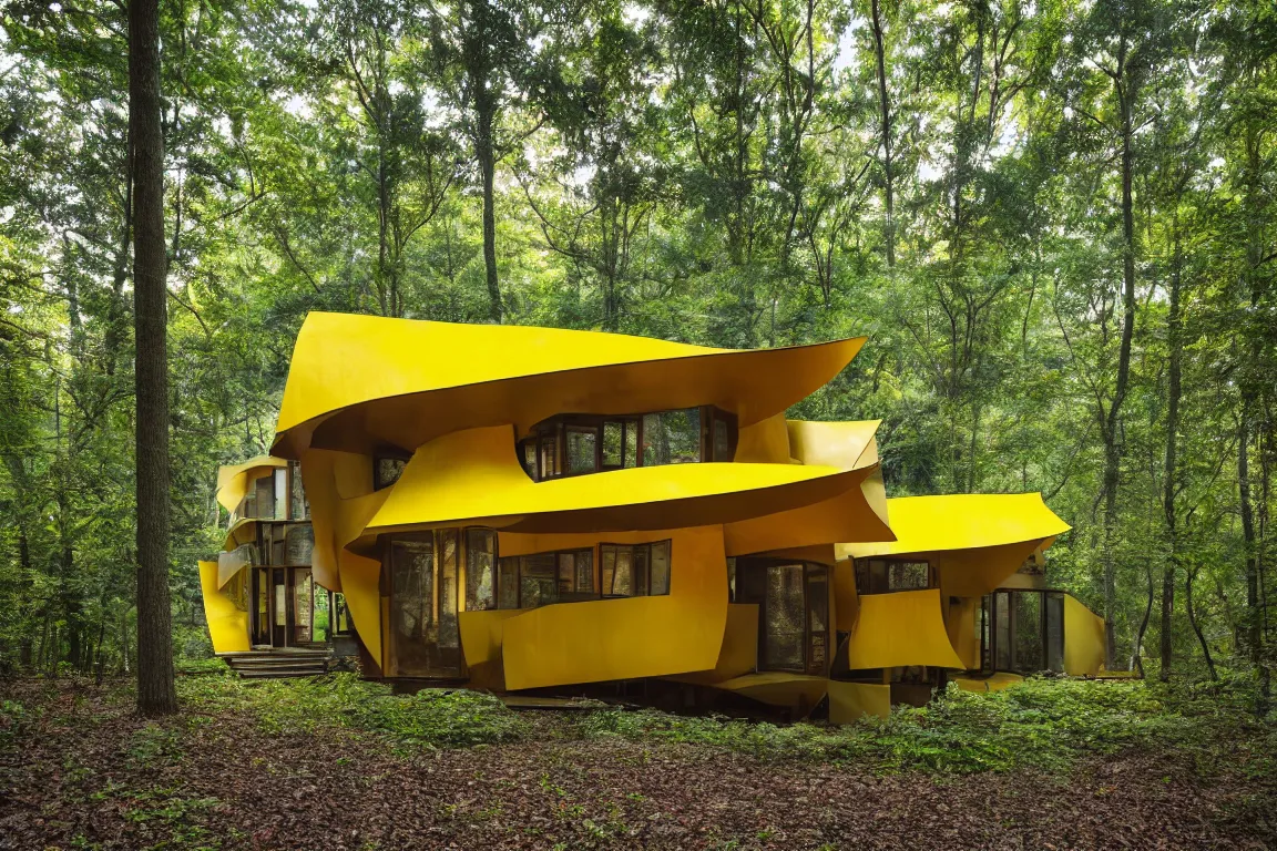 Image similar to a mid century modern house in a forest, designed by Frank Gehry. Big Tiles . Film grain, cinematic, yellow hue
