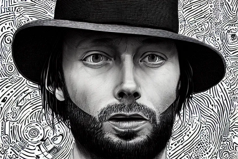 Prompt: A portrait of Thom Yorke as a cyberpunk wearing a bowler hat, iridescent highlights, background by Joe Fenton, highly detailed, intricate, soft, sci-fi, sharp focus, glowing lines, art by artgerm