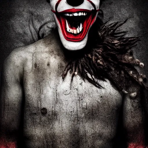 Image similar to Evil clown Big smiling mouth, black round nose, spiky long hair, worn striped tank top emerging from a fog and dust. Realistic. Very textured, hyper detailed, cinematic, ambience, perfect composition, focus, dark