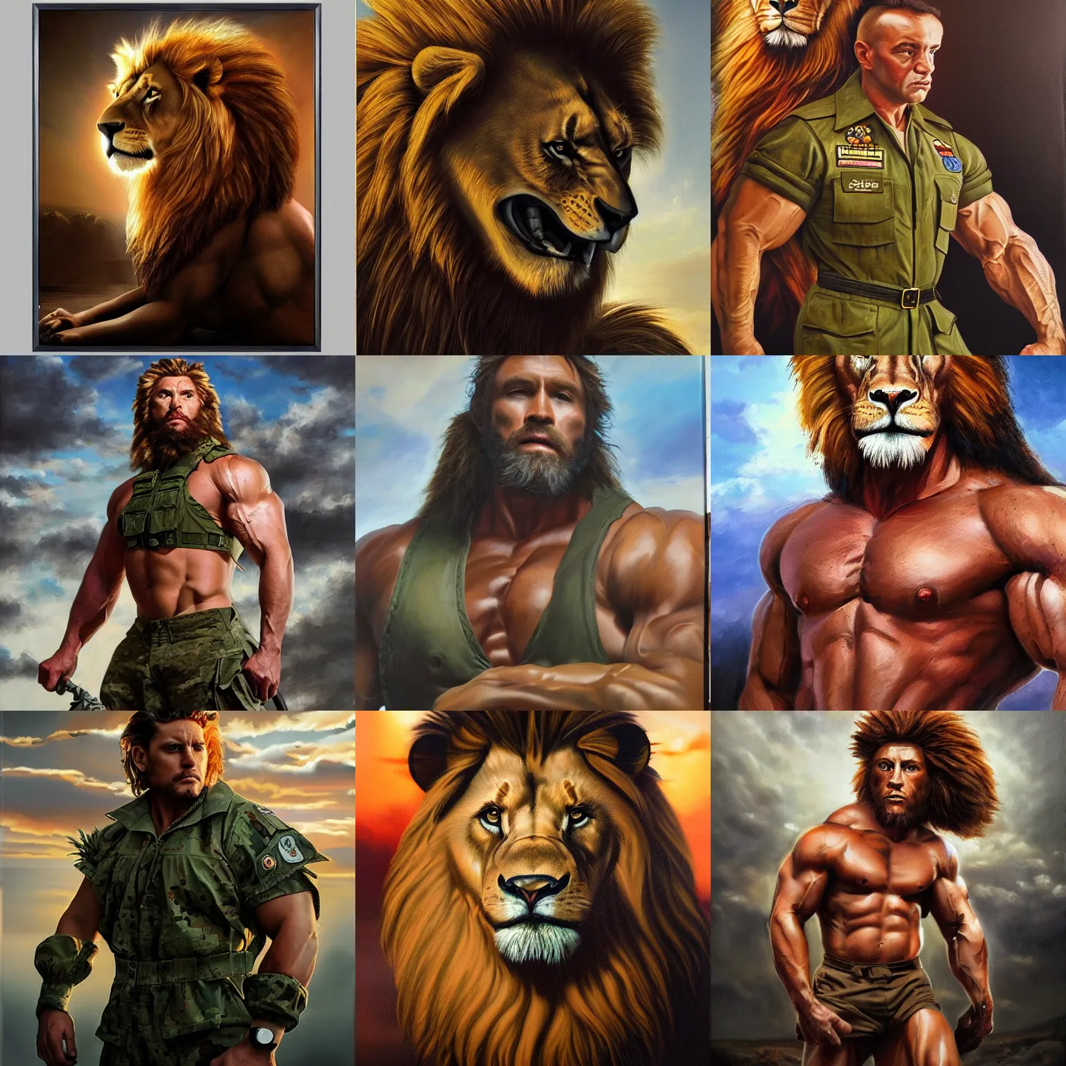 Prompt: high detail backlit cinematic oil painting portrait , epic pose muscular mutant oversized lion is wearing army pilot uniform