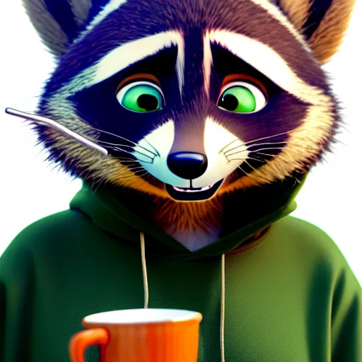 Prompt: a relaxed stoner with a black hoodie on with a marijuana themed dark green raccoon head from zootopia, wearing beanie, smoking, 3 d, blender 3 d, render, extremely detailed, 8 k, detailed fur
