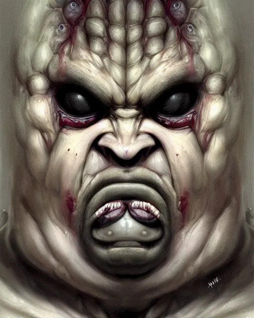 Image similar to Dark fantasy Painting of a hulking muscular EXTRATERRESTRIAL creature with big bulging eyes, white milky eyes, eyeballs, two heads, flabby skin, excess skin hanging from cheeks, straw-like beard growing from face, disgusting, creepy, unsettling, horror, upper body, intricate, wild, highly detailed, digital painting, artstation, concept art, smooth, sharp focus, illustration, art by artgerm and greg rutkowski and alphonse mucha