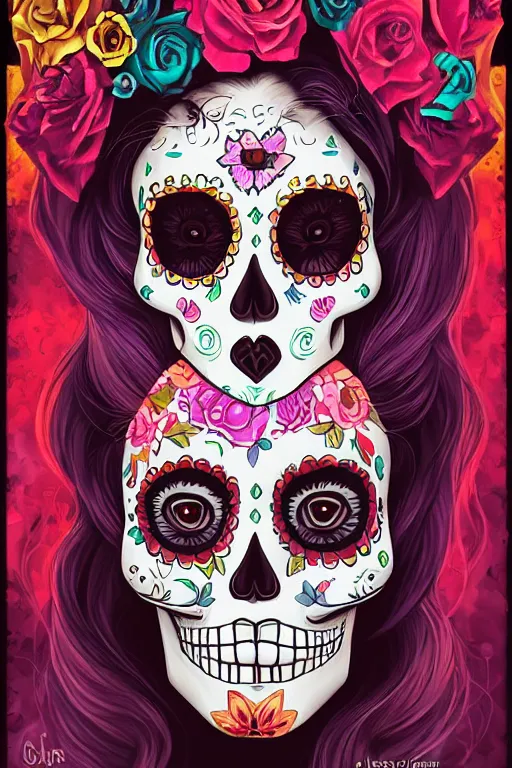 Prompt: illustration of a sugar skull day of the dead girl, art by jordan grimmer