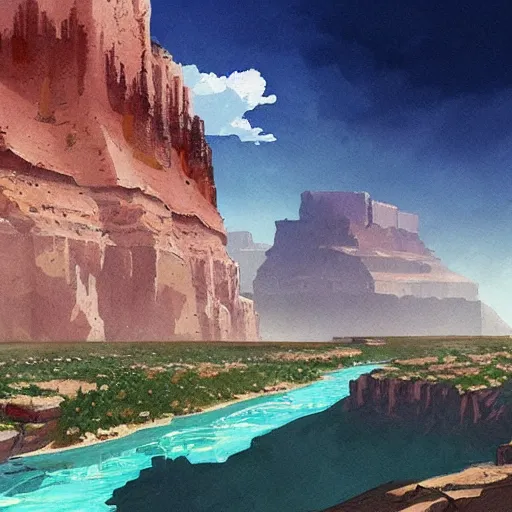 Image similar to concept art painting of a grand canyon filled with water, realistic, detailed, cel shaded, in the style of makoto shinkai and greg rutkowski and james gurney