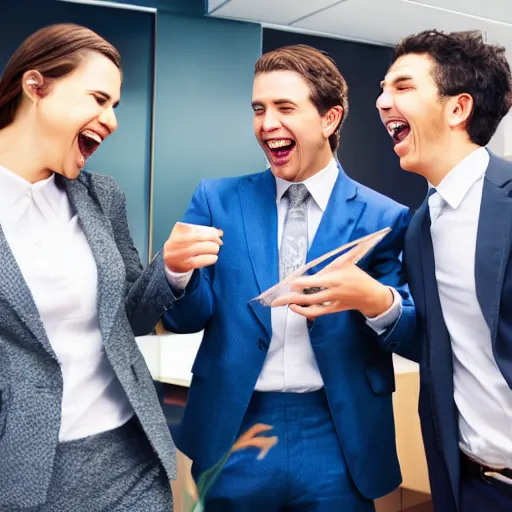 Image similar to stock photo of three people laughing wearing suits and ties in an office building, 8k resolution, full HD, cinematic lighting, award winning, anatomically correct