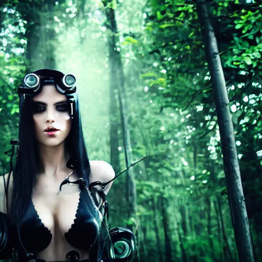 Image similar to sensual cyberpunk girl with mechanical eye in a forest