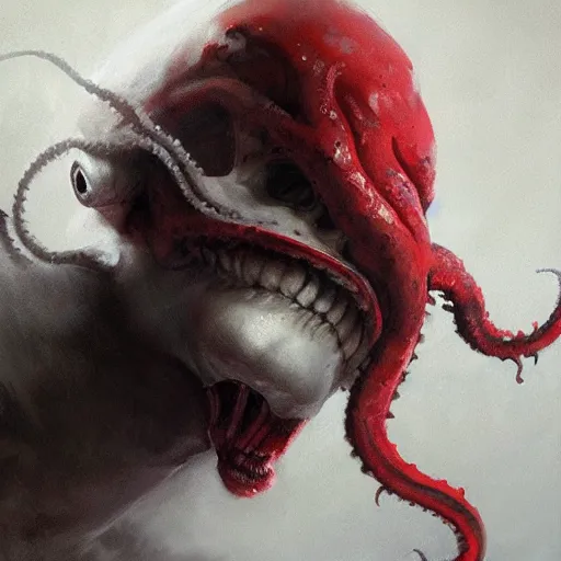 Image similar to painting by greg rutkowski of a flying human head and face that is chalk white in color, with tentacles coming of the neck, red eyes, flying in a terrying hell like cavernous place