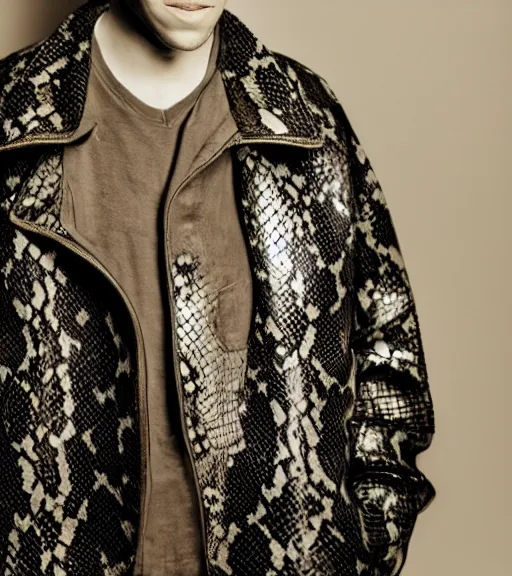 Image similar to detailed attractive characther portrait of jesse eisenberg wearing oversized snake skin jacket and golden chain, realistic, wide angle, dramatic light 8 k