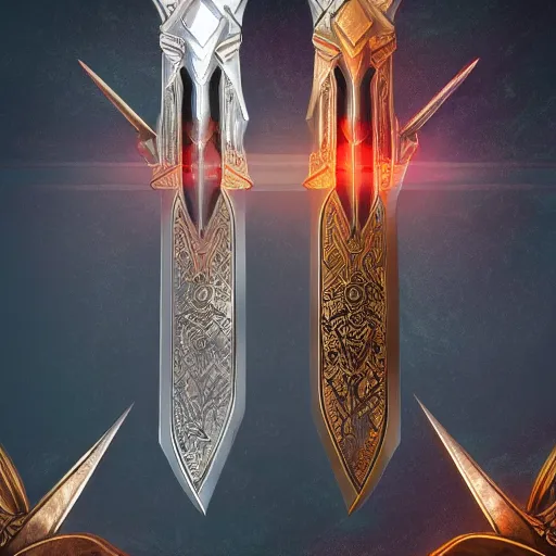 Image similar to concept art of rare legendary sword, perfect symmetry, rpg, detailed, digital art, d & d, incredible, digital painting, cinematic view, no noise, global illumination, warm lighting, volumetric, vivid, intricate details, ultra realistic, volumetric lighting, warm colors advance, cell shading