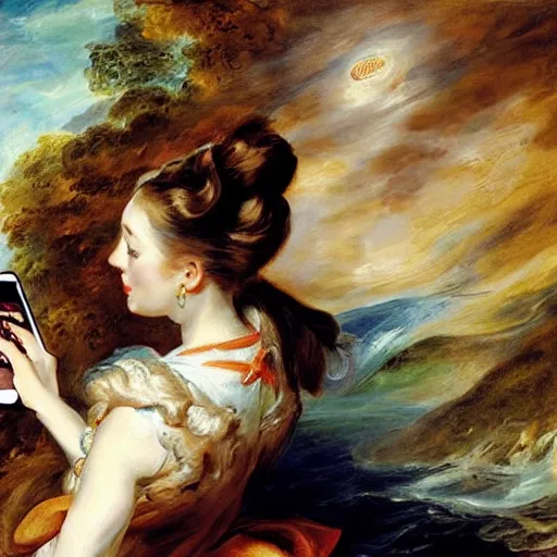 Image similar to heavenly summer sharp land sphere scallop well dressed lady taking a selfie with her iphone auslese, by peter paul rubens and eugene delacroix and karol bak, hyperrealism, digital illustration, fauvist, iphone