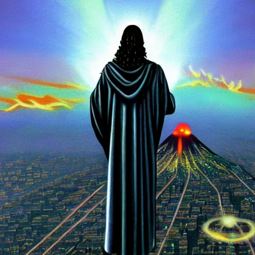 Image similar to detailed painting of christ the redeemer statue as a cyborg, in front of a nuclear explosion, cyberpunk, retro-futurist, dark