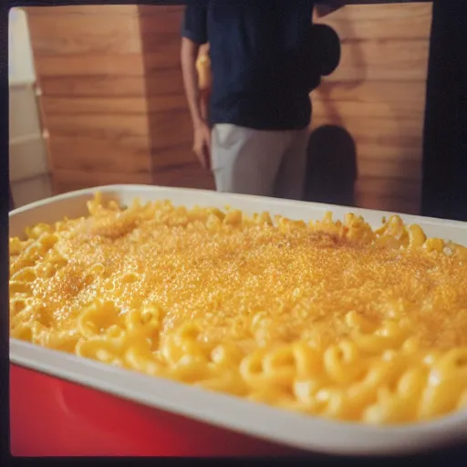 Prompt: a man drowning in a giant pool of mac n' cheese. photograph. medium format.