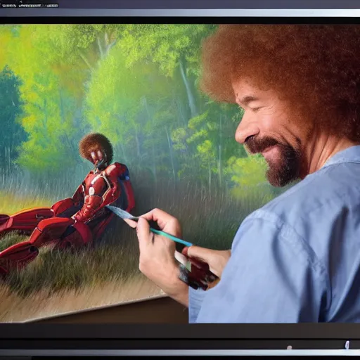 Image similar to a closeup photorealistic photograph of bob ross working on a canvas painting featuring iron man with happy trees. film still. this 4 k hd image is trending on artstation, featured on behance, well - rendered, extra crisp, features intricate detail, epic composition and the style of unreal engine.