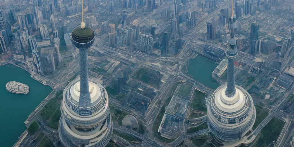 Image similar to a very high resolution image from a new movie, oriental pearl tower, front view, upside - down, shining, photorealistic, photography, directed by wes anderson