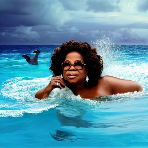 Prompt: Oprah Winfrey in the ocean swimming with dolphins, 8k UHD, hyper realistic, nature photography