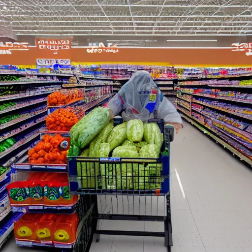 Prompt: Walmart Grocery Store Inside, Cam view, star wars troops are having a ground battle in the store, using tomatoes, banana as weapons by the star wars troopers against star wars troopers, 40nm lens, shallow depth of field, split lighting, 4k,