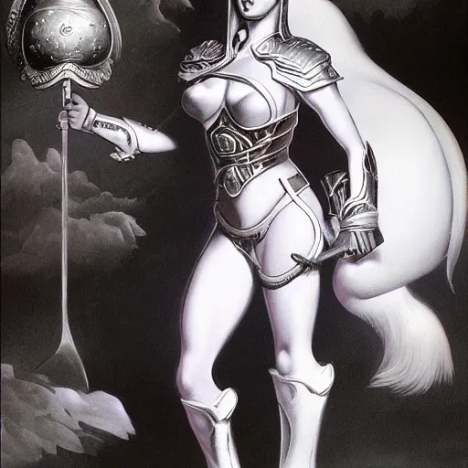 Image similar to a serious looking girl riding on a large fat black and white cat wearing armor, painted by Boris Vallejo