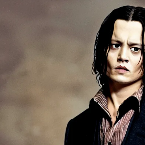 Image similar to Film Still of a Young Adult Johnny Depp playing Adult Tom Riddle in Harry Potter, Film Still, realistic, hyperrealistic, very realistic, very very realistic, highly detailed, very detailed, extremely detailed, detailed, detailed face, very detailed face, very detailed face, realism, HD Quality, 8k resolution, intricate details, body and head in frame, Real Life