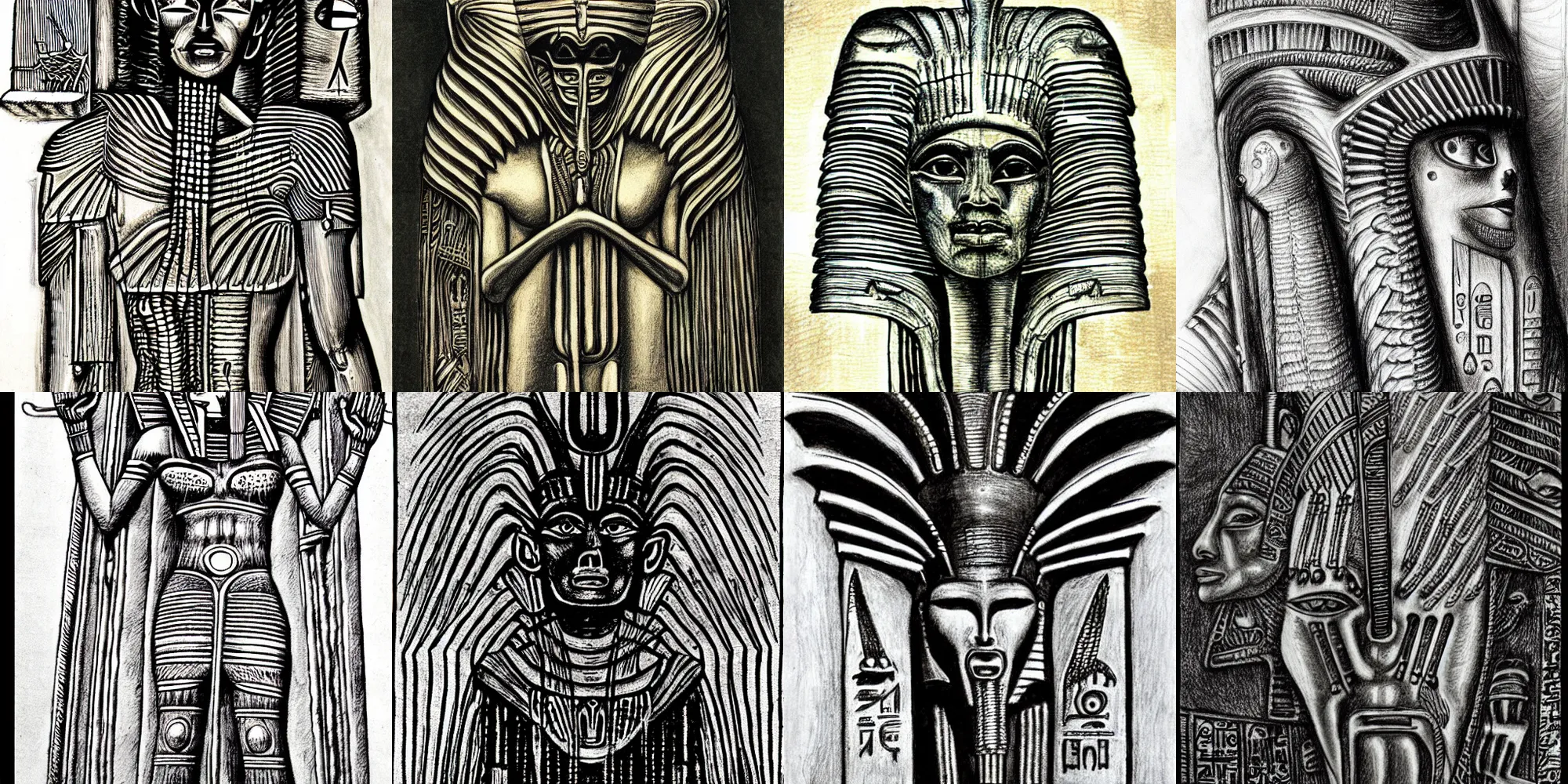 Prompt: hr giger drawing of the egyptian god ra