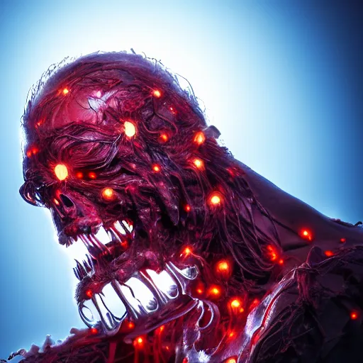 Image similar to a mechanical and human hybrid, fleshy computer clump, clumps of hair, teeth, led, lights, blood, doom monster,