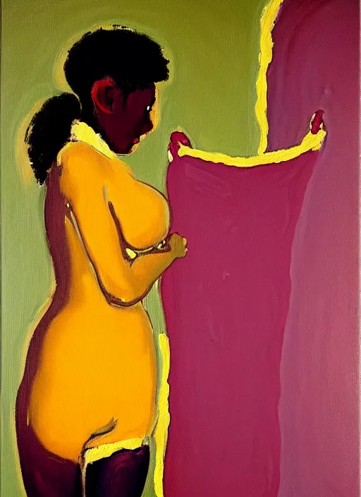 Prompt: oil painting of a beautiful african-american girl in a uniform putting on stockings, teaching a lesson in a void room full of existential horror painted by John Singer Sargant, inspired by paintings of Francis Bacon and melting moody vibrating color palette of Mark Rothko, Bryan Lee O'Malley and Edward Hopper, Cy Twombly gestural strokes