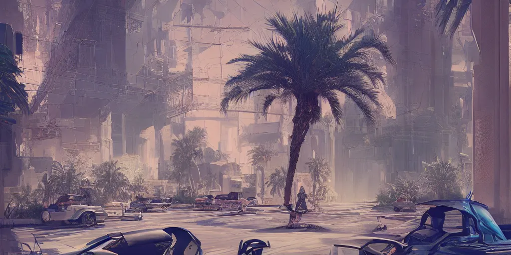 Image similar to Cyberpunk Marrakech, palm trees, Flying vehicles ,Moroccan mosque ,WLOP, James Jean, tom bagshaw, rococo, trending on artstation, fantasy, intricate, elegant, highly detailed, digital painting, concept art, smooth, illustration, cinematic lighting, hyper realism, octane render, 8k, hyper detailed.