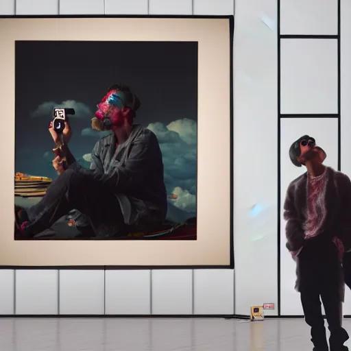 Image similar to art curator looking bored at paintings on a screen in a chat interface, in the style of grand chamaco and stanley kubrick, inspired by die antwoord, photorealistic, epic, super technical, cinematic still