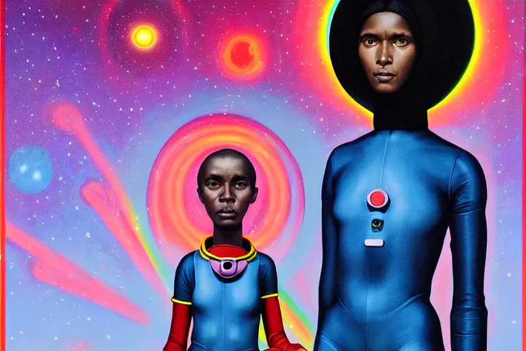 Image similar to patron saint of 🛸🌈👩🏾, futuristic astronaut jumpsuit, neon god of city character portrait, in the style of margaret keane, moebius, tom bagshaw, and waterhouse, cinematic lighting, beautiful, elegant, oil painting,